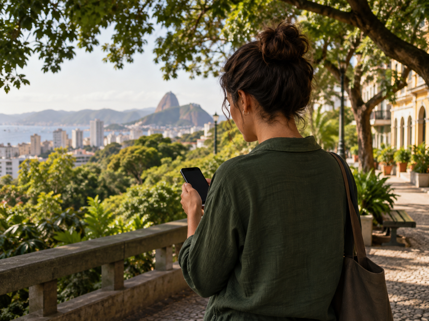 Pessoa usando o celular em uma cidade