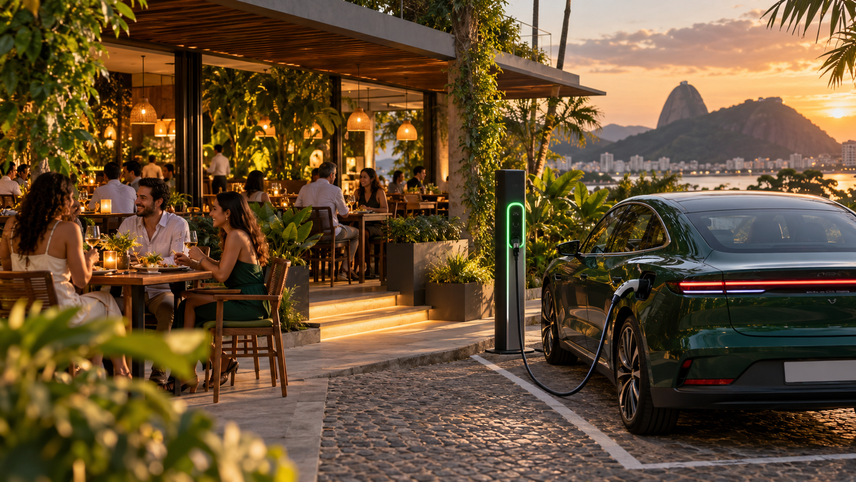 Restaurantes: estabelecimento com carro elétrico conectado a uma estação de recarga