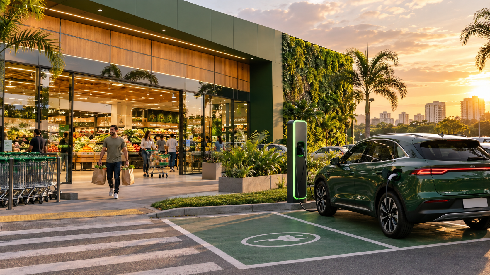 Supermercados: estabelecimento com carro elétrico conectado a uma estação de recarga